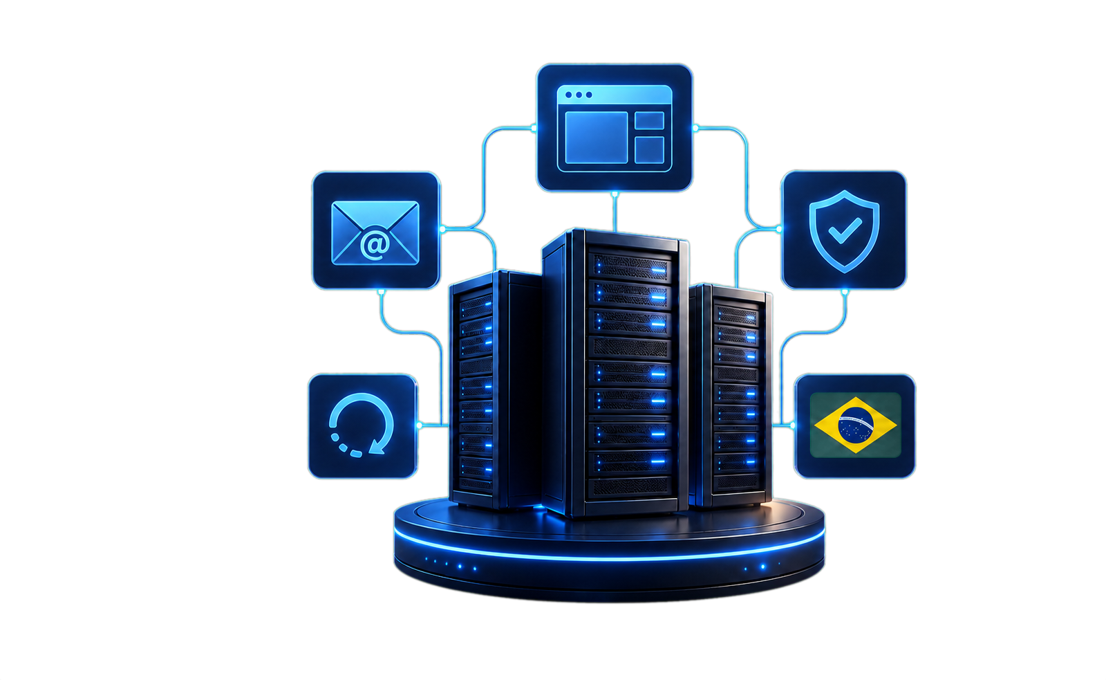 Infraestrutura de hospedagem conectando site, e-mail, segurança, backup e servidores no Brasil
